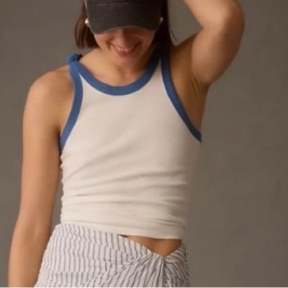 Pilcro White Tank Top with Blue Trim